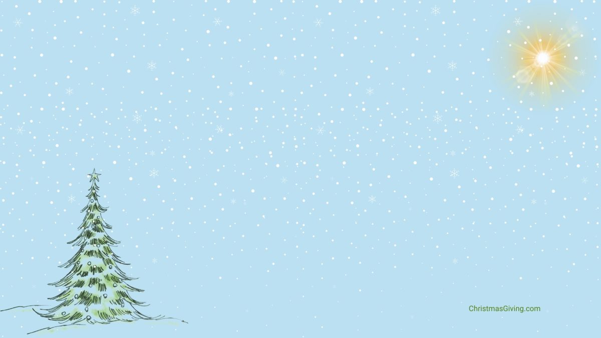 Computer wallpaper, a light blue background as the daytime sky, with an evergreen tree in the lower left and a sunshine with rays shooting out in the upper right. Snowflakes cover the entire scene. A URL to ChristmasGiving.com is in white on the lower right.