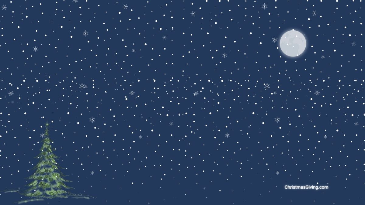 Computer wallpaper, a midnight blue background as the sky, with an evergreen tree in the lower left and a big moon in the upper right. Snowflakes cover the entire scene. A URL to ChristmasGiving.com is in white on the lower right.