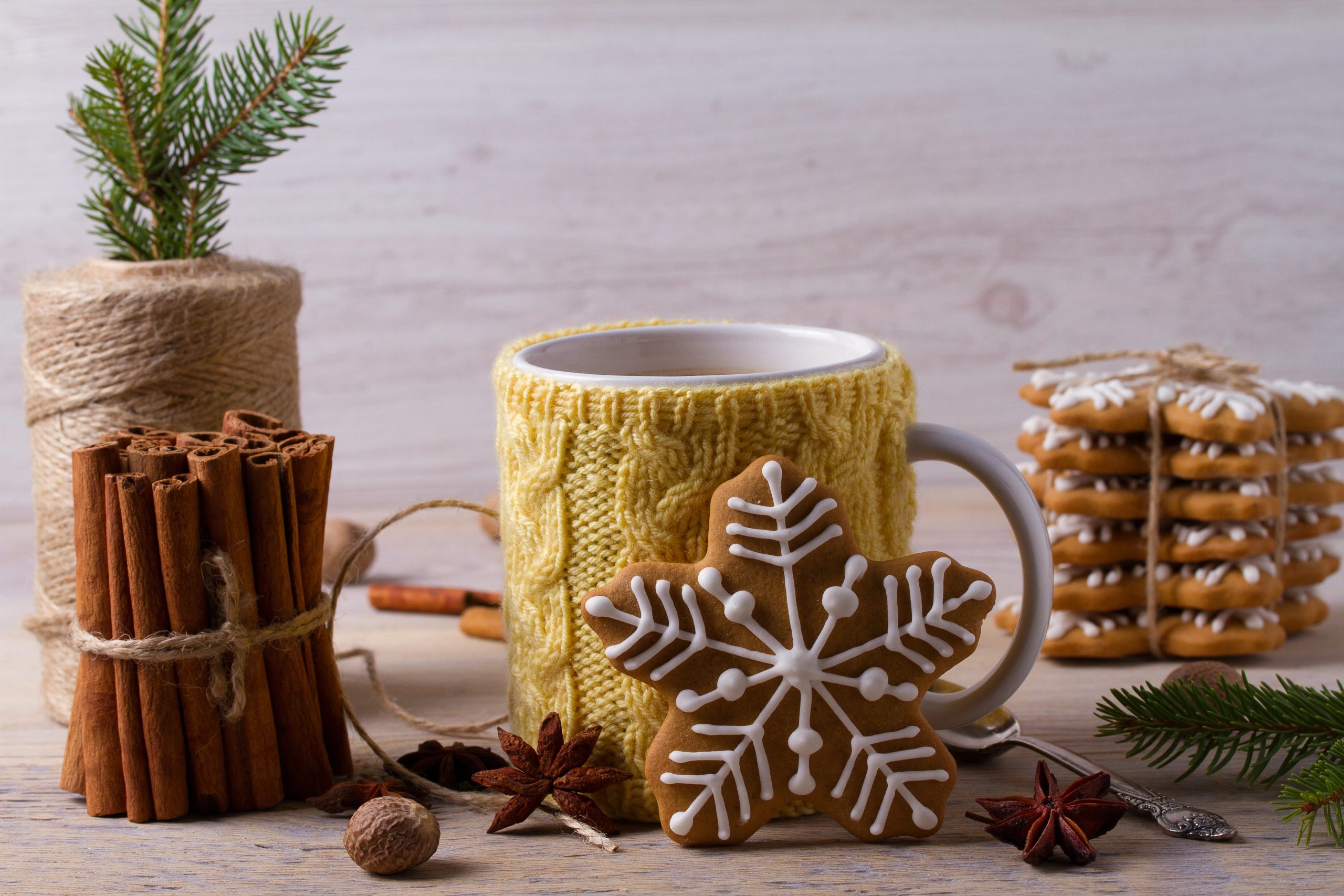 Warm scene with mug wrapped in yellow knitted cozy surrounded by cinnamon sticks and gingerbread cookies tied with natural twine. Nuts and spices are interspersed throughout the scene.