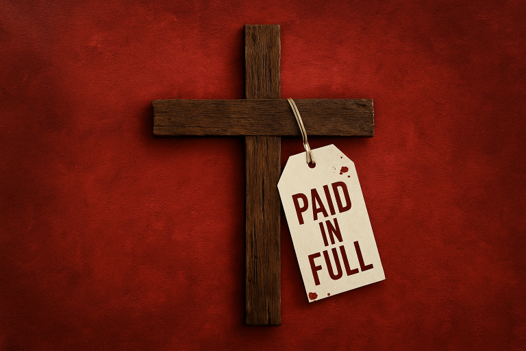 Wooden cross on red background with price tag that reads "Paid in Full."