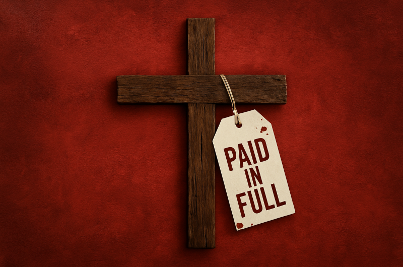 Wooden cross on red background with price tag that reads "Paid in Full."