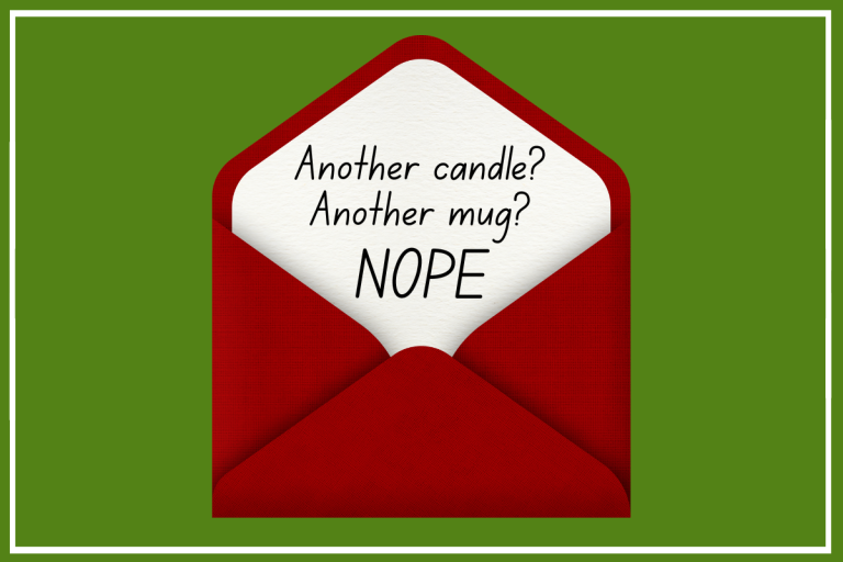 Red envelop on green background. Inside the envelope's flap, it says, "Another candle? Another mug? NOPE."